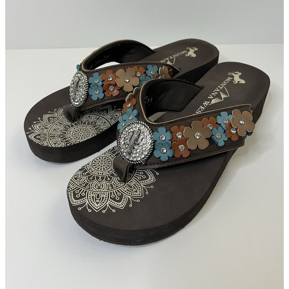 Montana West Womens Size 11 Western Cactus Wedge Flip Flop Rhinestone Floral